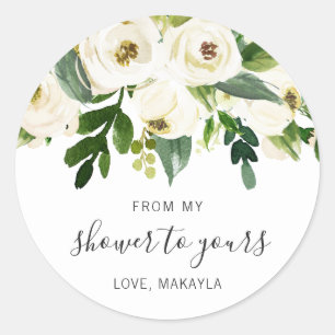 Pegatina Redonda Desde Mi Ducha Elegante Bridal Shower Floral Blanc
