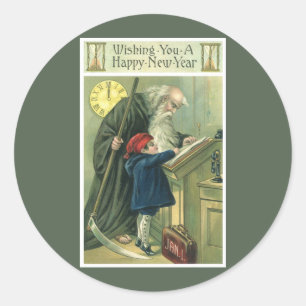 Pegatina Redonda Deseándole un Feliz Año Nuevo, Antiguo Padre Tiemp