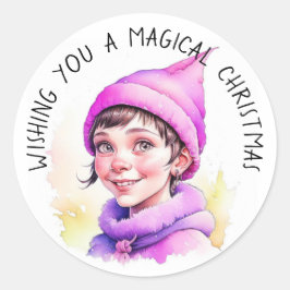 Pegatina Redonda Deseándote un elfo vintage mágico de Navidades