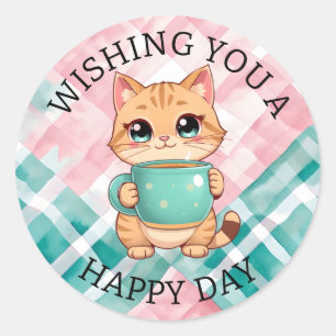 Pegatina Redonda Deseándote un Feliz Día   Gato Adorable