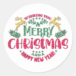 Pegatina Redonda Deseándote una Feliz Navidad y un Feliz Año Nuevo