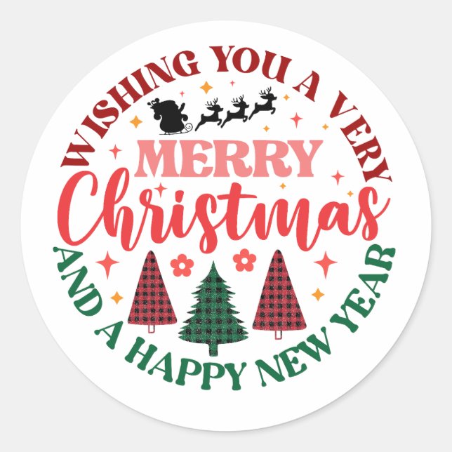 Pegatina Redonda Deseándote una Feliz Navidad y un Feliz Año Nuevo (Anverso)