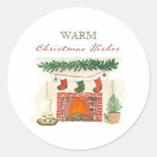 Pegatina Redonda Deseos Cálidos de Navidad Chimenea de Invierno Aco