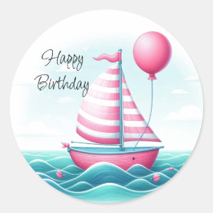 Pegatina Redonda Deseos de cumpleaños con globo de velero de franja