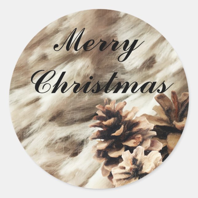 Pegatina Redonda Deseos de Invierno Calida Navidad Rústica Piñas (Anverso)