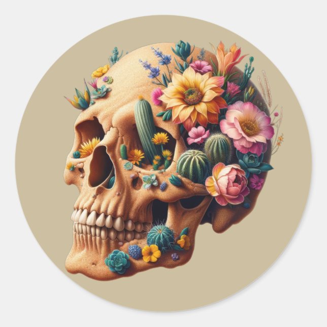 Pegatina Redonda Desert Bloom Skull (Anverso)