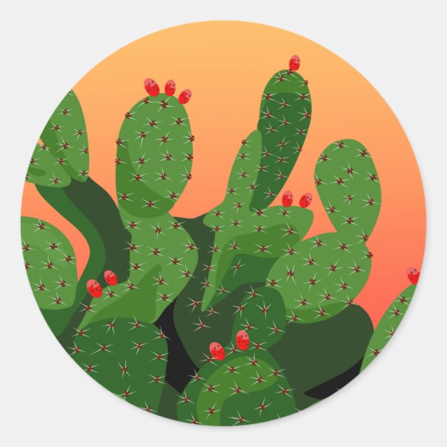 Pegatina Redonda Desert Pricky Pear Cactus Sunset (Anverso)