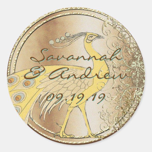 Pegatina Redonda Desfile de pavos reales Art Nouveau (Anverso)