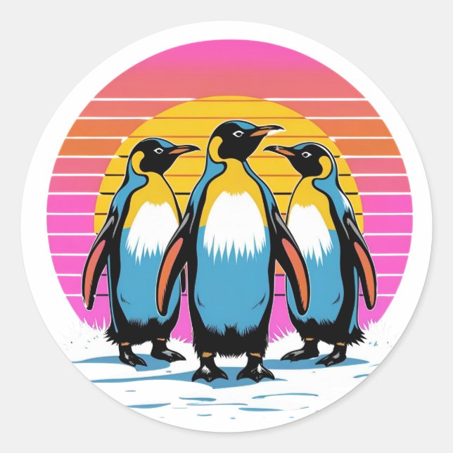 Pegatina Redonda Desfile pingüino - Familia Pingüino Retro Sunset (Anverso)