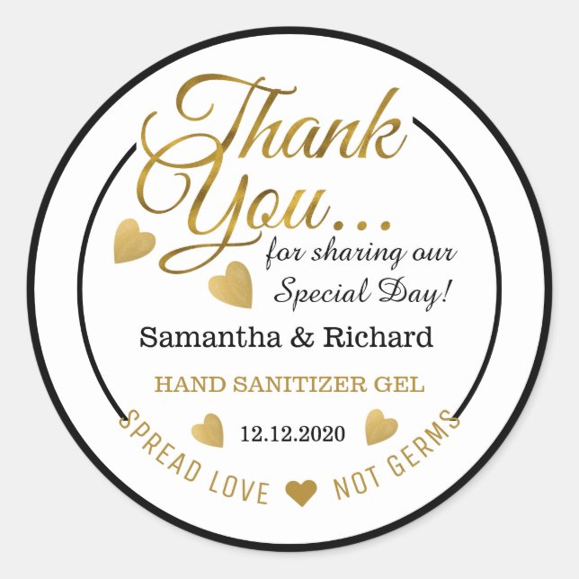 Pegatina Redonda Desinfectante de manos Spread Love Gold Thank You  (Anverso)