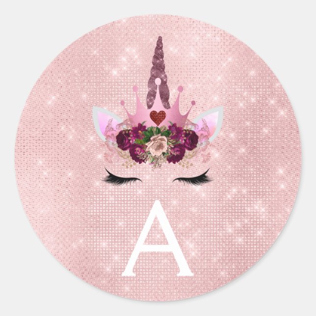 Pegatina Redonda Deslumbrante rosa dorado Unicornio Monograma cumpl (Anverso)