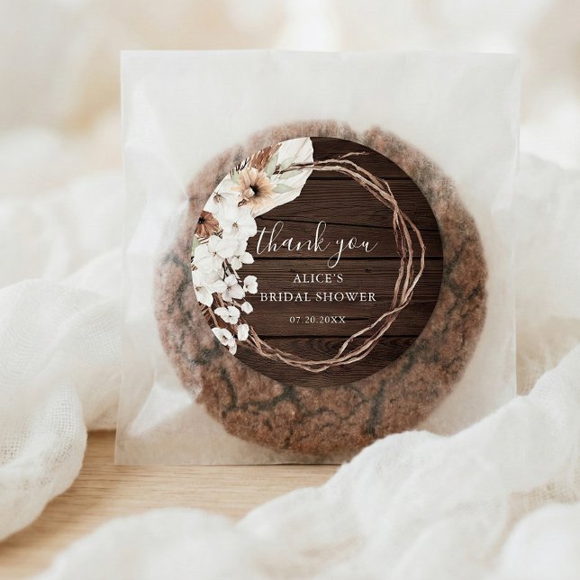 Pegatina Redonda Despedida de Soltera Boho Floral de Madera Rústica (Subido por el creador)