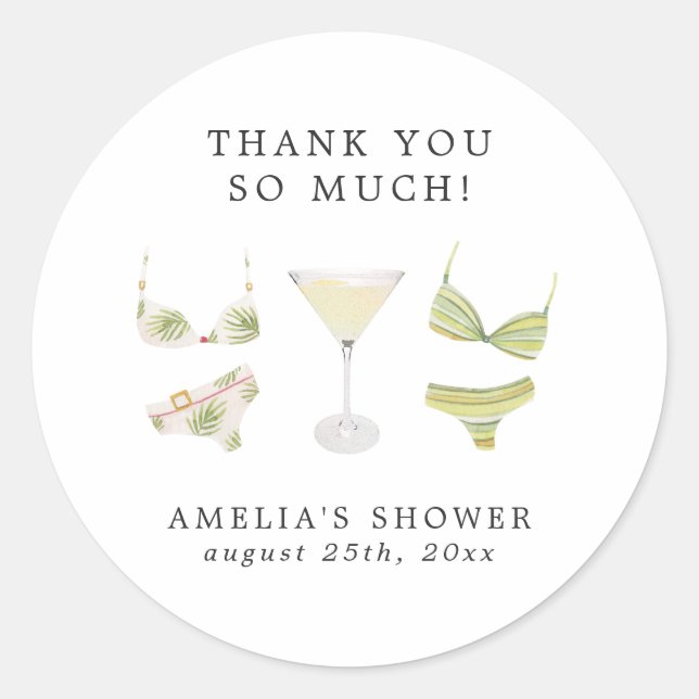 Pegatina Redonda Despedida de Soltera con Bikinis y Martinis (Anverso)