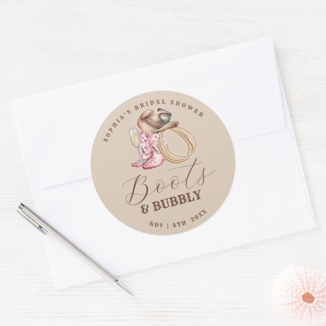 Pegatina Redonda Despedida de soltera con botas y burbujas (Sobre)