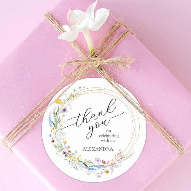 Pegatina Redonda Despedida de soltera con flores silvestres (Wreath of wildflowers bridal shower round stickers)