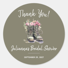 Pegatina Redonda Despedida de soltera con tema militar, Botas, Flor