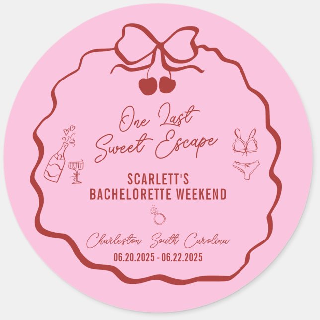 Pegatina Redonda Despedida de soltera de cereza rosa y roja (One Last Sweet Escape bachelorette weekend sticker ,favors, gifts, and décor in red and pink)