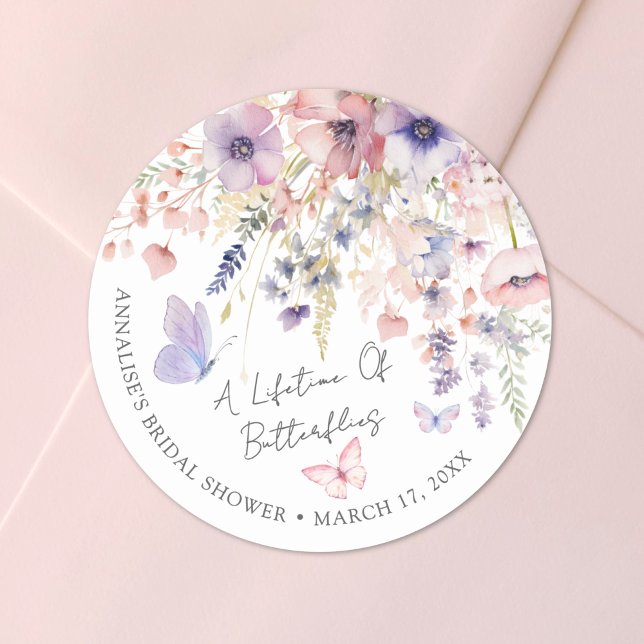 Pegatina Redonda Despedida de Soltera de Mariposas y Flores Silvest (Butterfly Wildflower Bridal Shower Classic Round Sticker )