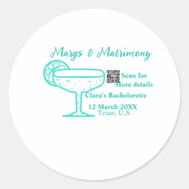 Pegatina Redonda Despedida de soltera Turquoise Margs & Matrimony (Anverso)