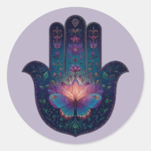 Pegatina Redonda Despertar del Loto Diseño de Mano Hamsa