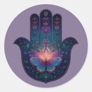 Pegatina Redonda Despertar del Loto   Diseño de Mano Hamsa
