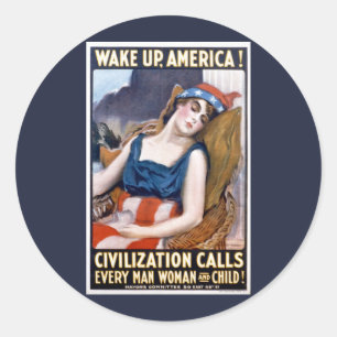 Pegatina Redonda ¡Despierten América! Arte patriótico vintage de la
