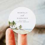 Pegatina Redonda Destino de la palma acuática CANCUN<br><div class="desc">El Cancun Collection incluye una pintura acuarela de playas de arena y palmeras tropicales con una sencilla combinación de fuentes modernas. Edite los nombres de su boda para añadir un toque especial.</div>