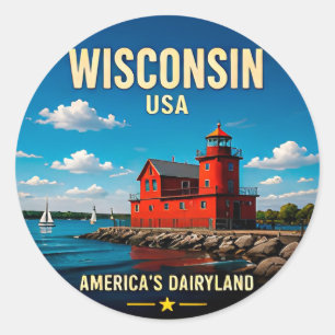 Pegatina Redonda Destino de viaje Wisconsin Lago Michigan 🟡