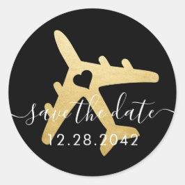 Pegatina Redonda Destino Romántico de Viaje de Avión Ahorra la Fech