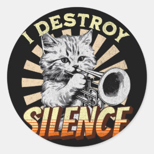 Pegatina Redonda Destruyo el silencio - Mascota Cat Trumpeter Jazz