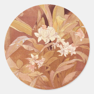 Pegatina Redonda Detalle floral Art Nouveau de Alphonse Mucha