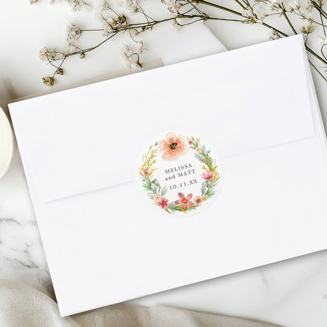 Pegatina Redonda Detalles del Boda de flores silvestres acuarelas W (Subido por el creador)