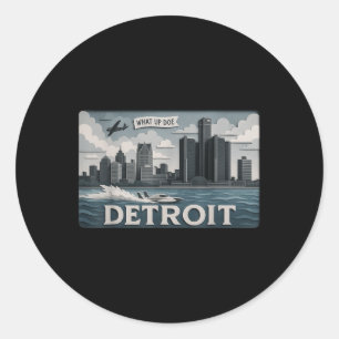 Pegatina Redonda Detroit Skyline Design With What Up Doe