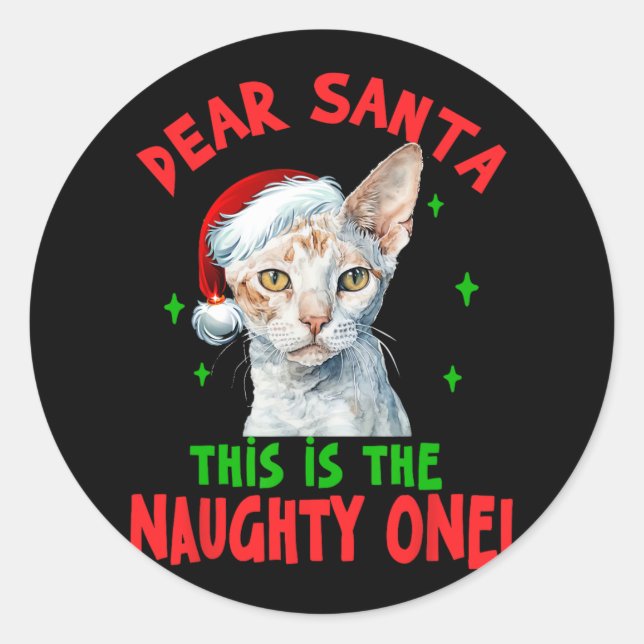 Pegatina Redonda Devon Rex Cat Navidades Querido Papá Noel Esto Es  (Anverso)