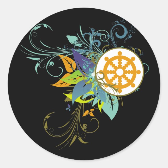 Pegatina Redonda Dharma Wheel Floral (Anverso)