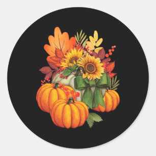 Pegatina Redonda Día de Acción de Gracias Calabaza Girasol Otoño Fi