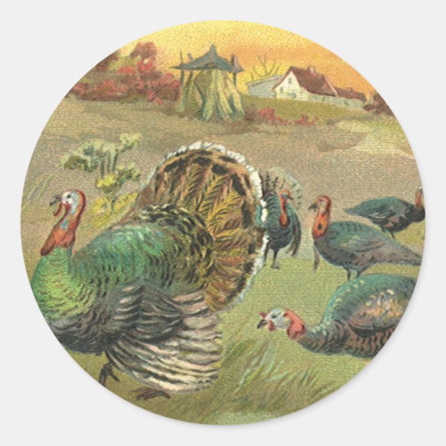 Pegatina Redonda Día de Acción de Gracias con pavos y peregrinos (Anverso)