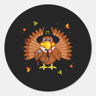 Pegatina Redonda Día de Acción de Gracias Feliz Enfermera Pavo Fies