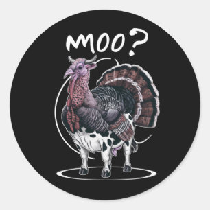 Pegatina Redonda Día de Acción de Gracias Pavo Divertido Vaca Moo O