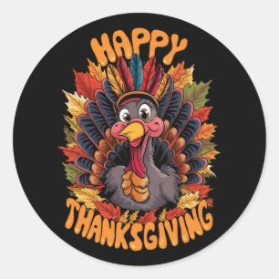 Pegatina Redonda Día de Acción de Gracias Pavo Familia Otoño