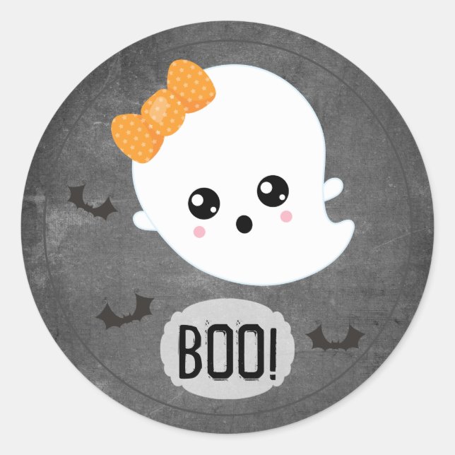 Pegatina Redonda Día de Brujas Fantasma Kawaii (Anverso)