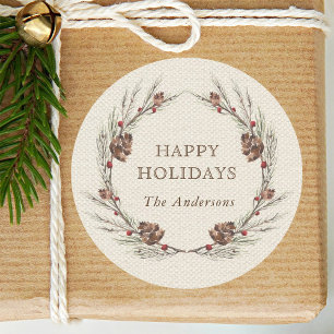 Pegatina Redonda Día de fiesta rústico del navidad de la guirnald