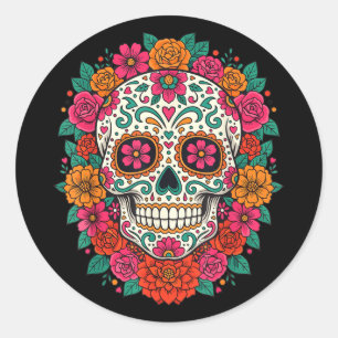 Pegatina Redonda Día de la Calavera de Azúcar Floral de la Agencia