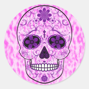 Pegatina Redonda Día de la Calavera del Azúcar Muerto - Rosa y Púrp
