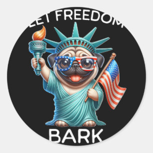 Pegatina Redonda Día de la Independencia Bark Pug de la Libertad