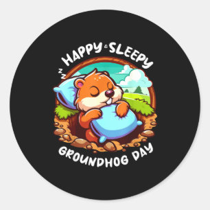 Pegatina Redonda Día de la marmota feliz y dormido Duerme Sombra de