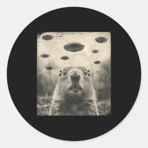 Pegatina Redonda Día de la Marmota Ufo Gráfico Retro Vintage Enco A
