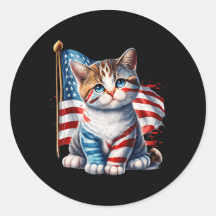 Pegatina Redonda Día De La Memoria Gato Gracioso Gatito 4 De Julio