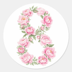 Pegatina Redonda Día de la Mujer Flor de Peonía para el 8 de marzo