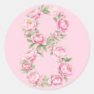 Pegatina Redonda Día de la Mujer Flor de Peonía para el 8 de marzo